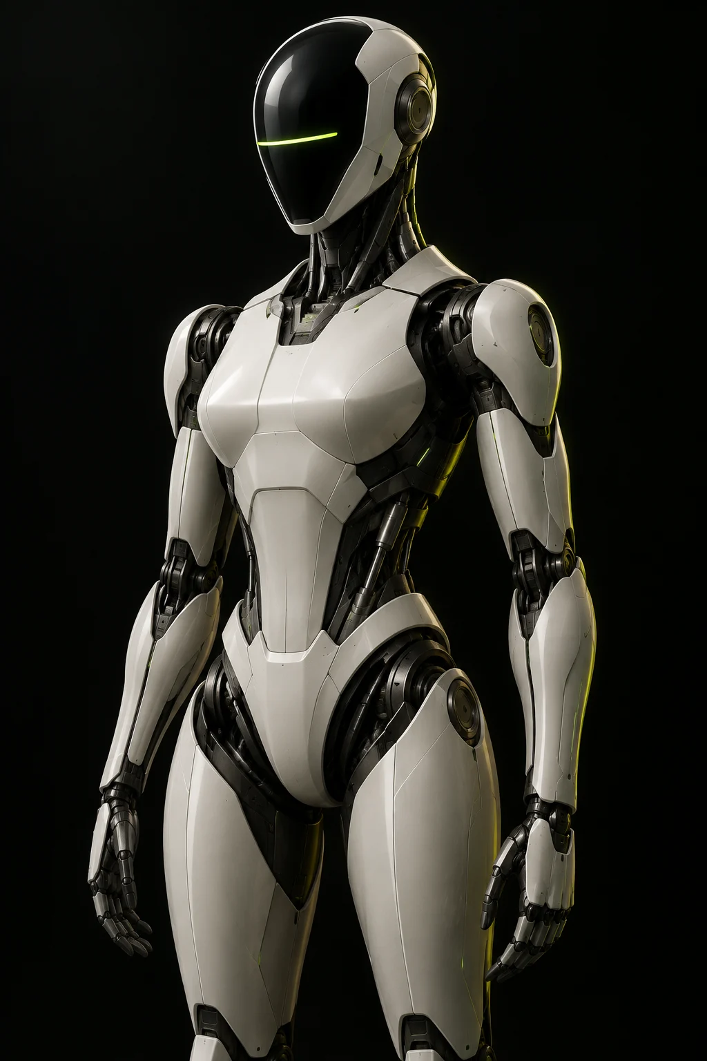 Ivory and titanium humanoid with a black visor and a slim lime sensor light